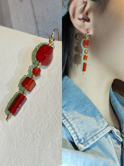 「Chinoiserie」Red Agate Beaded Drop Earrings