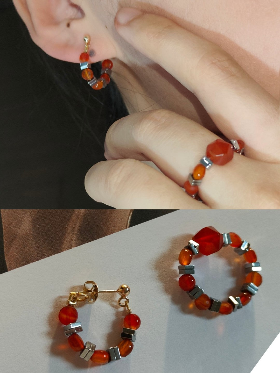 「Chinoiserie」Red Agate Beaded Metal Earrings