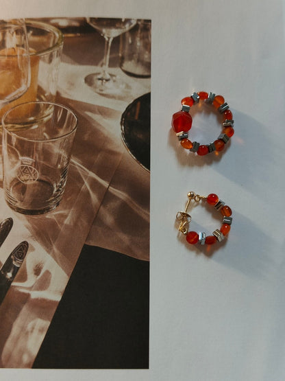 「Chinoiserie」Red Agate Beaded Metal Earrings