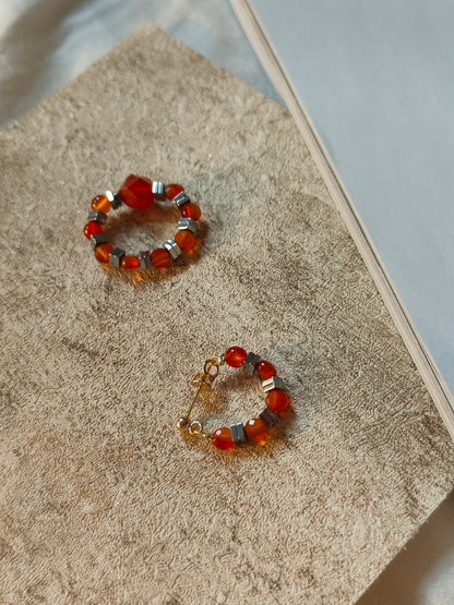 「Chinoiserie」Red Agate Beaded Metal Earrings