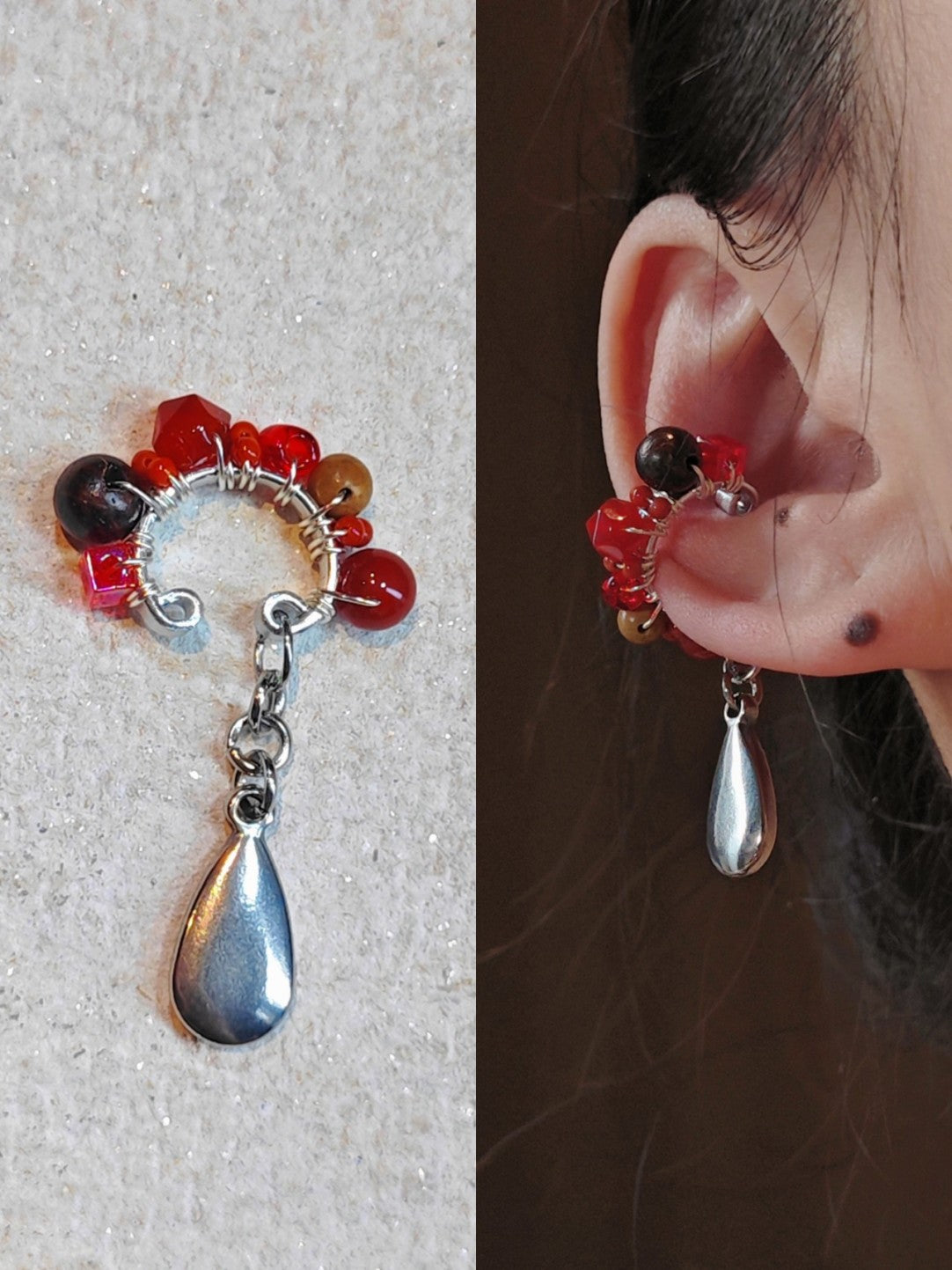 「Chinoiserie」Red Agate Beads Drop Conch Clip