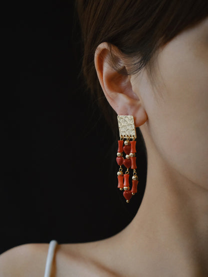 「Chinoiserie」Red Bamboo Beaded Tassel Earrings