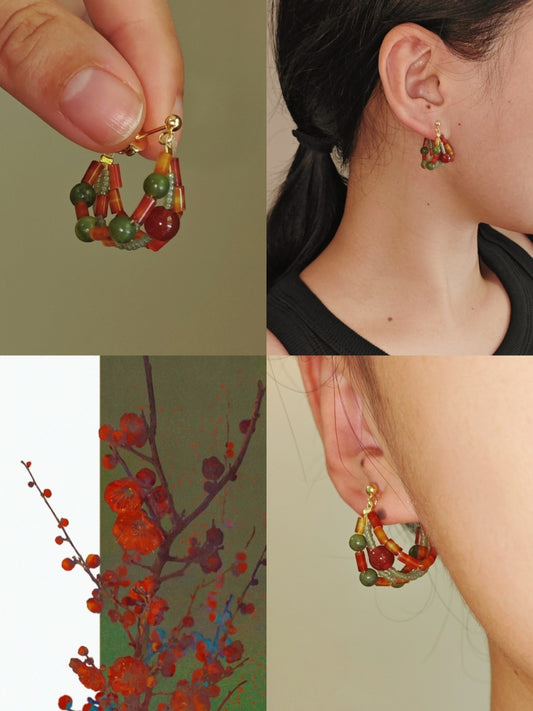 「Chinoiserie」Red Green Jade Beaded Hoop Earrings