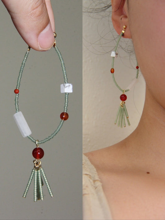 「Chinoiserie」Red Green Jade Beaded Hoop Earrings