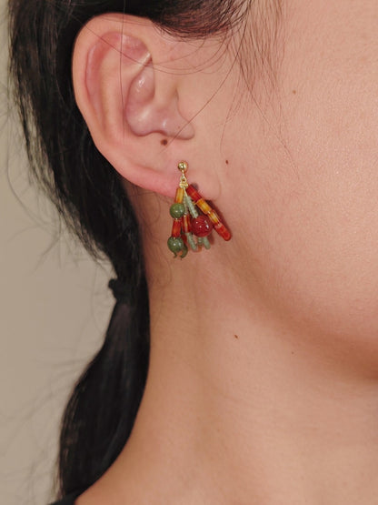 「Chinoiserie」Red Green Jade Beaded Hoop Earrings