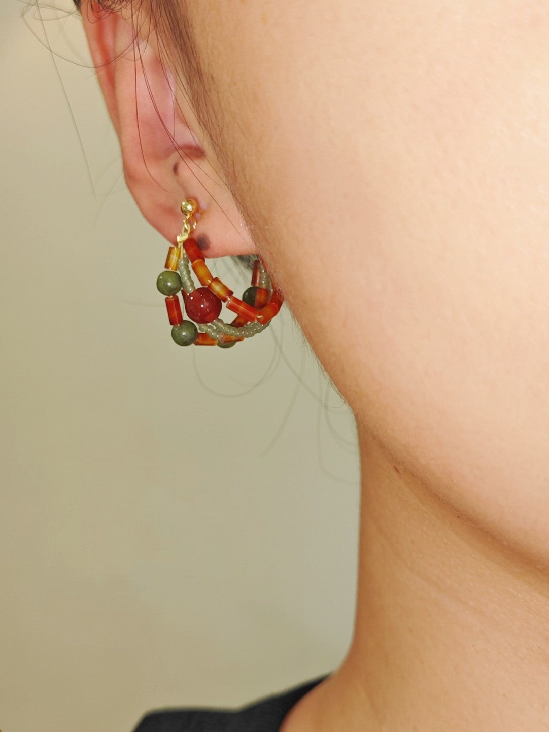 「Chinoiserie」Red Green Jade Beaded Hoop Earrings