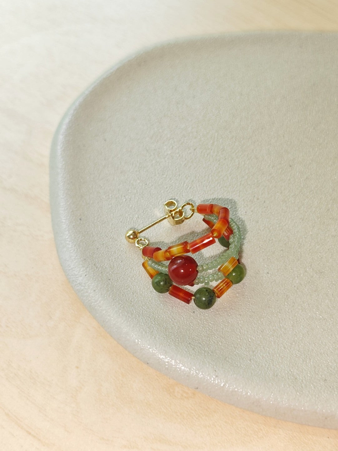 「Chinoiserie」Red Green Jade Beaded Hoop Earrings