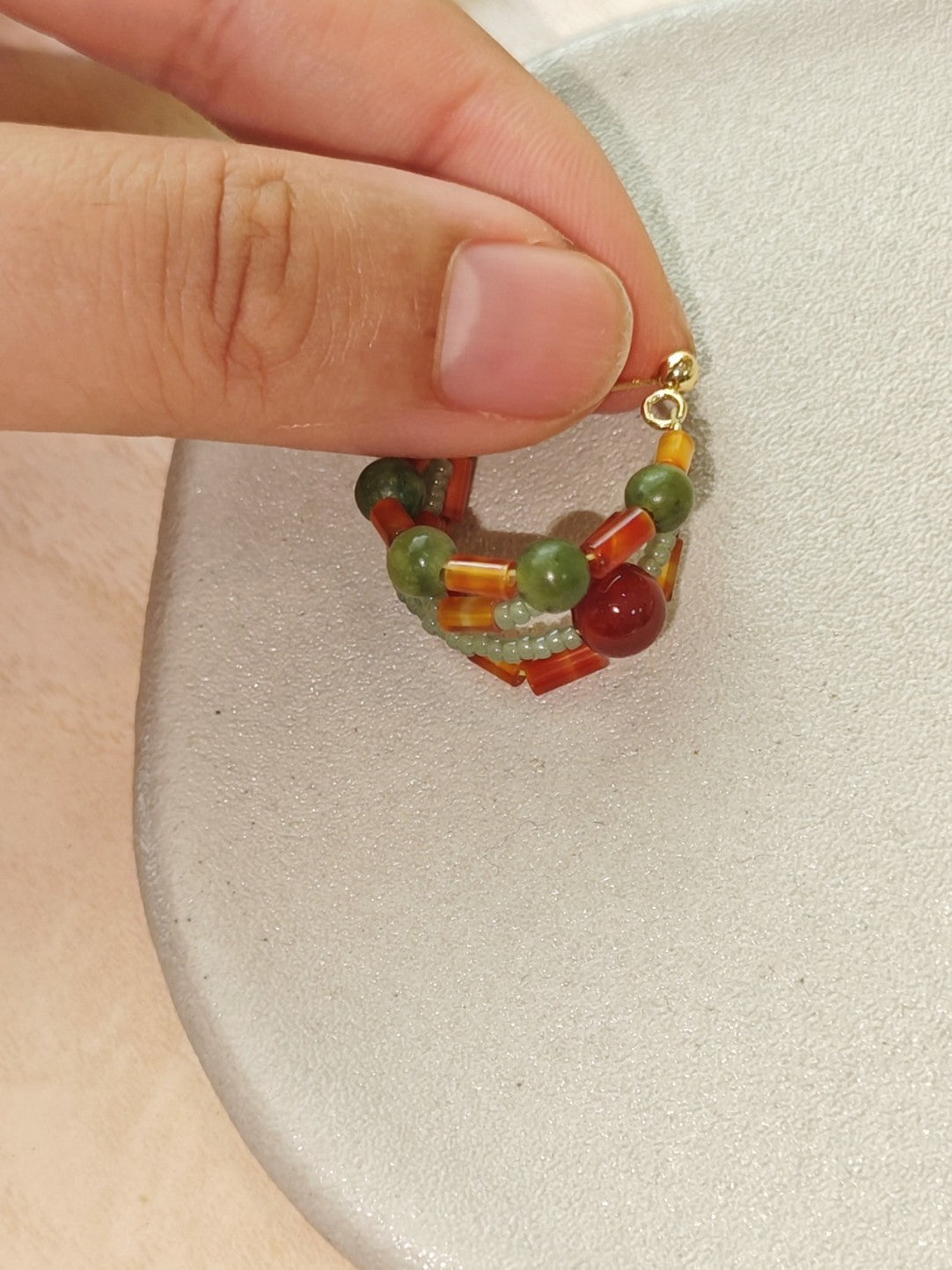 「Chinoiserie」Red Green Jade Beaded Hoop Earrings