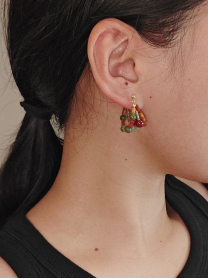 「Chinoiserie」Red Green Jade Beaded Hoop Earrings