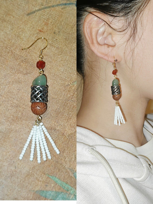 「Chinoiserie」 Red Green Long Tassel Earrings