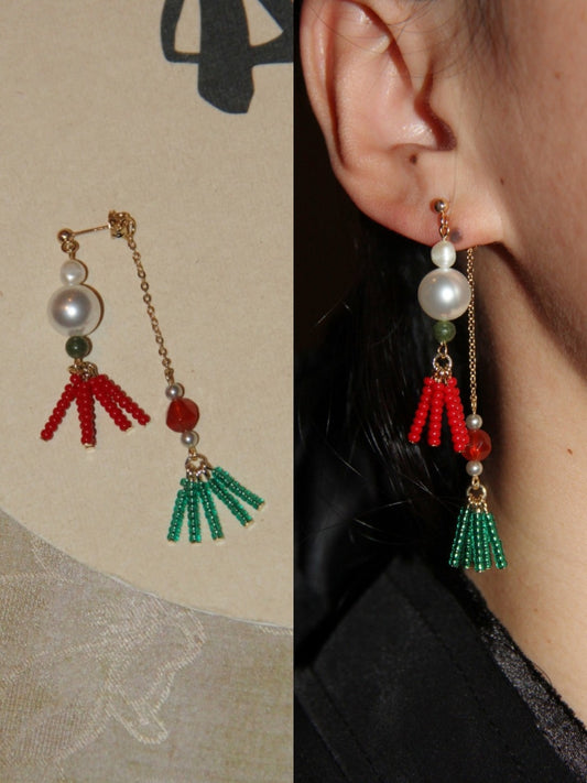 「Chinoiserie」 Red Green Tassel Beaded Drop Pearl Earrings