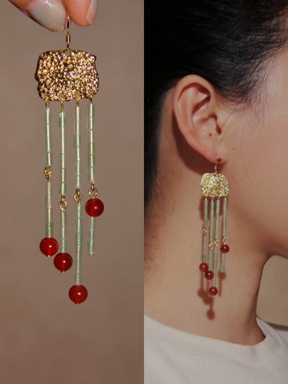 「Chinoiserie」 Red Tassel Beaded Long Earrings