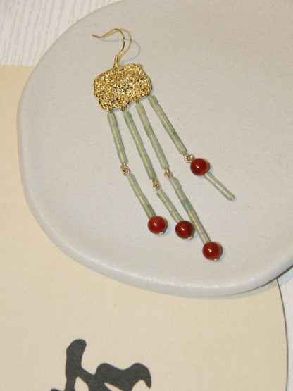 「Chinoiserie」 Red Tassel Beaded Long Earrings