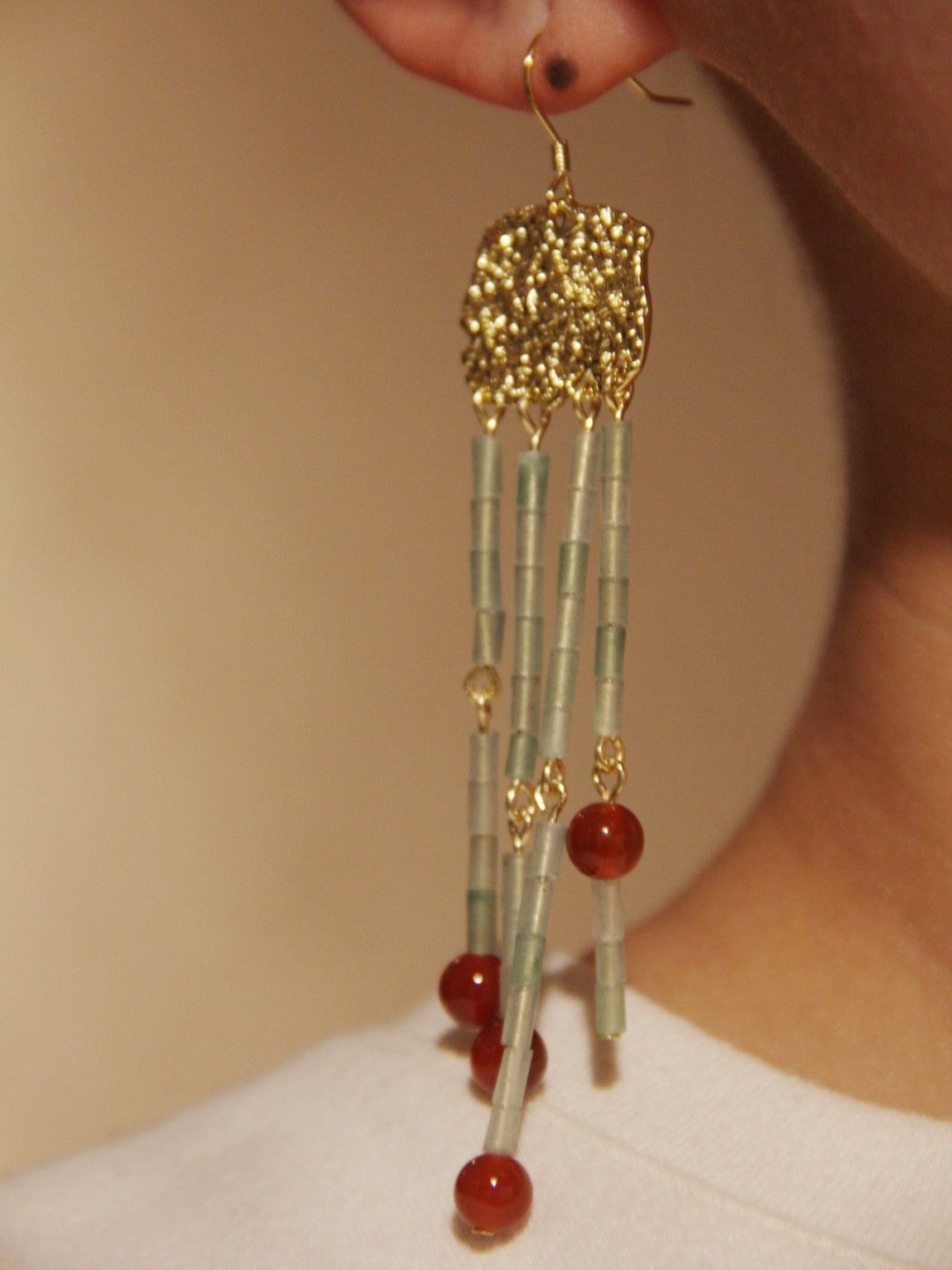 「Chinoiserie」 Red Tassel Beaded Long Earrings