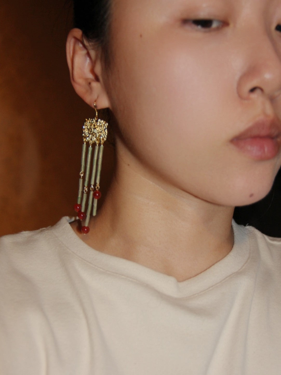 「Chinoiserie」 Red Tassel Beaded Long Earrings