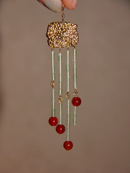 「Chinoiserie」 Red Tassel Beaded Long Earrings