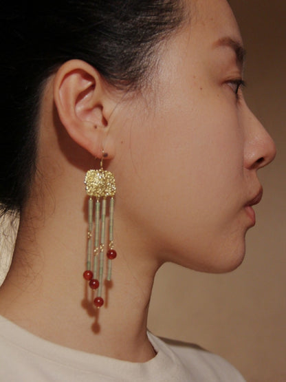 「Chinoiserie」 Red Tassel Beaded Long Earrings