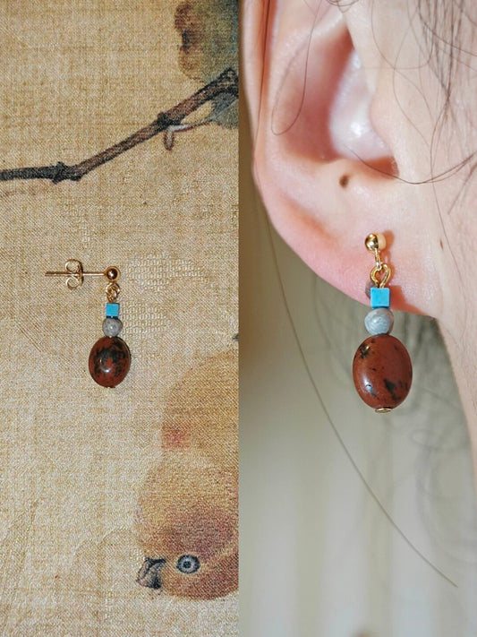 「Chinoiserie」 Rustic Red Turquoise Drop Earrings