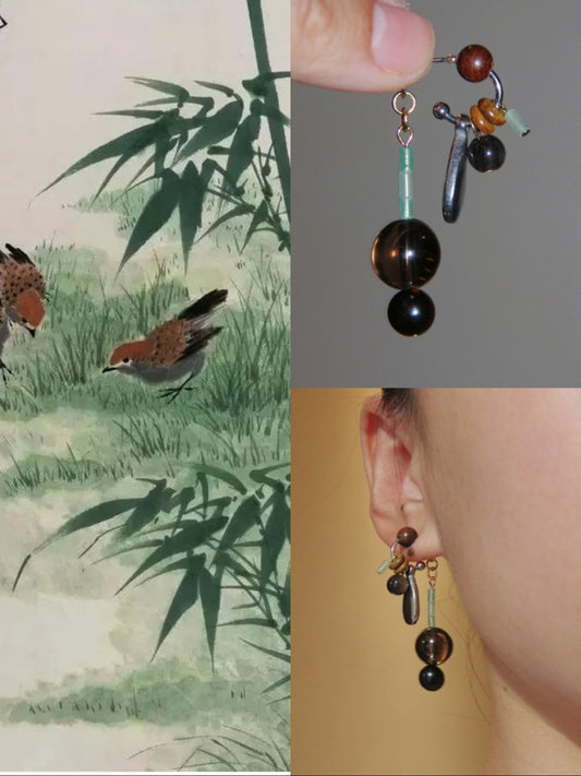 「Chinoiserie」Sandalwood Beaded Brown Drop Earrings