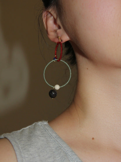 「Chinoiserie」Sandalwood Beaded Hoop Earrings