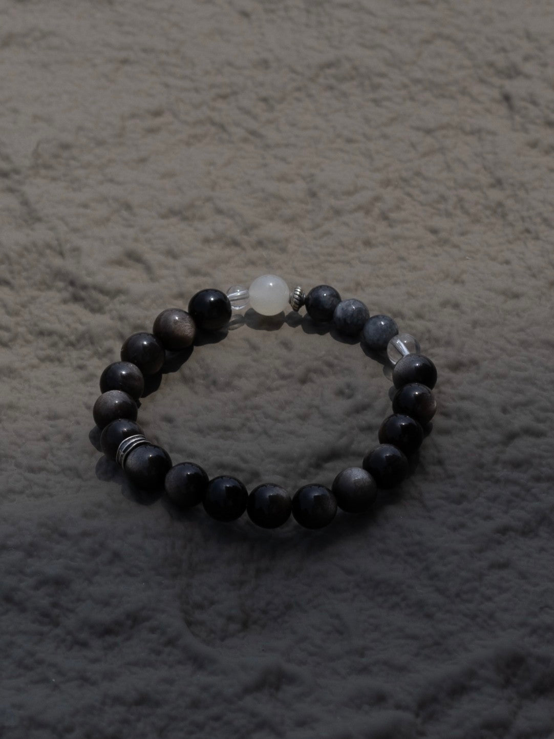 「Chinoiserie」Silver Obsidian Jade Beaded Bracelet