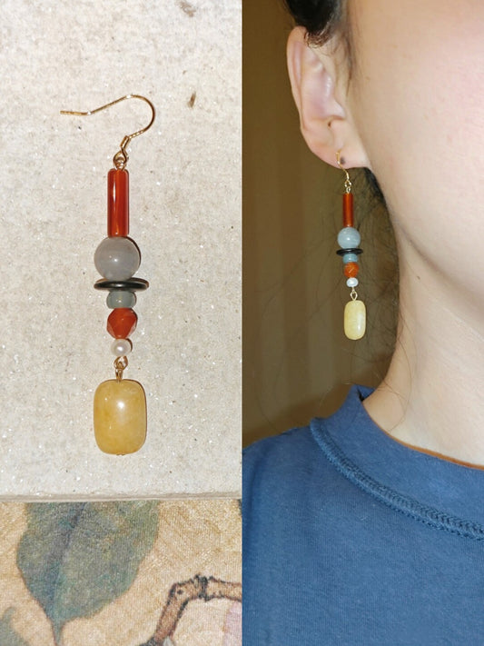 「Chinoiserie」 Yellow Sugar Natural Stones Beaded Drop Earrings