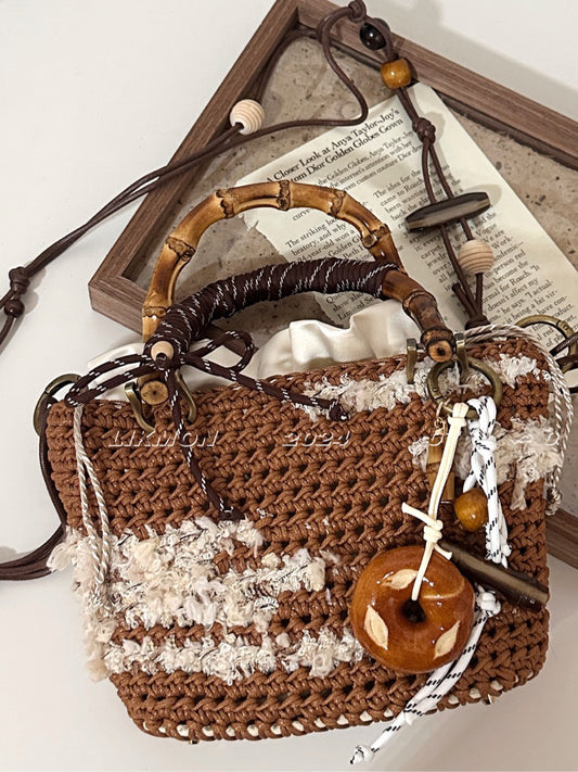 Chocolate Cookies Crochet Bamboo Handle Bag