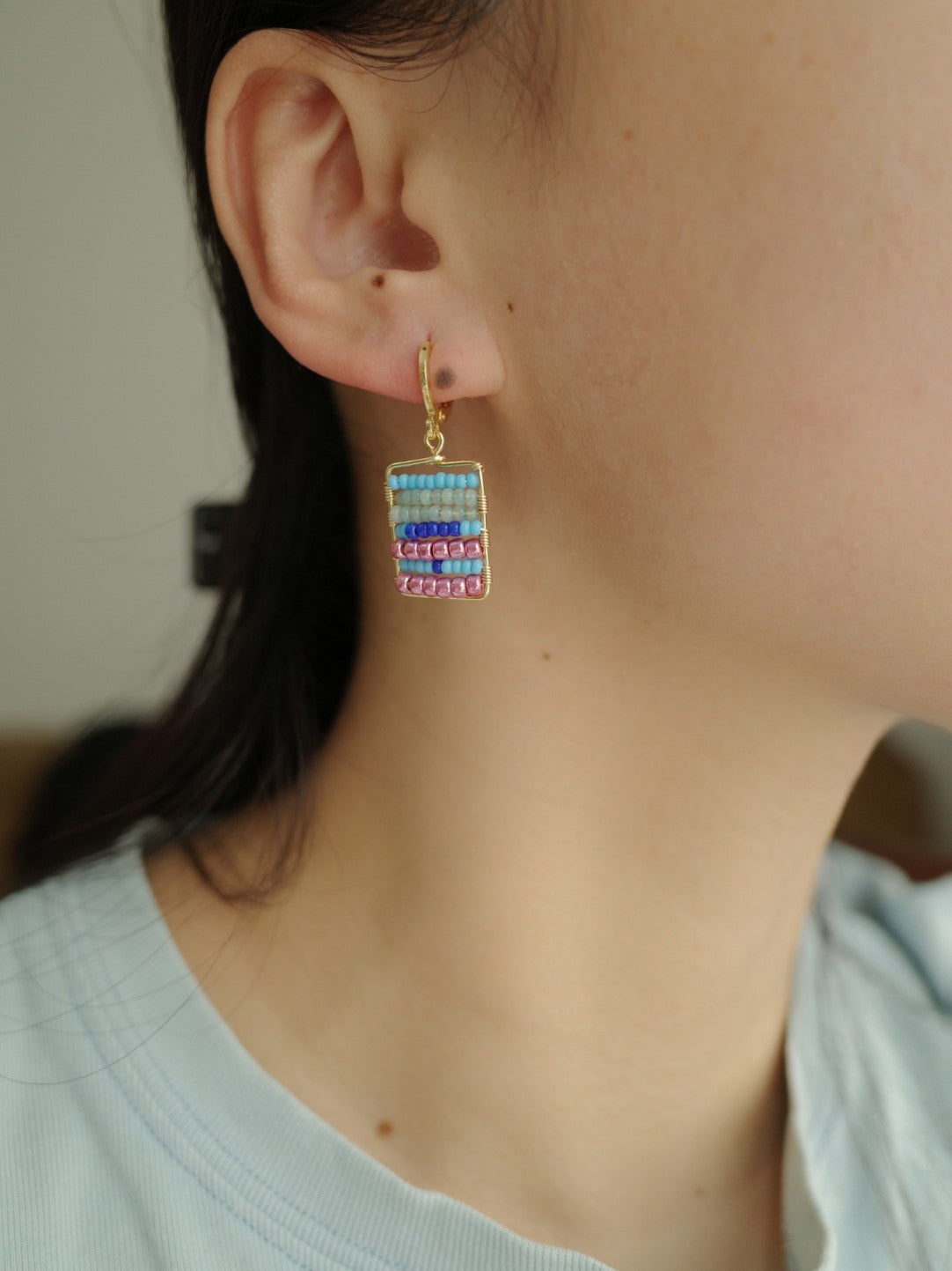 Colorful Beaded Square Huggie Earrings