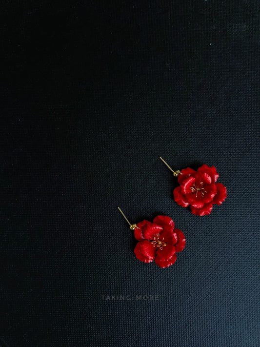 Cowhide Red Camellia Flower Earrings