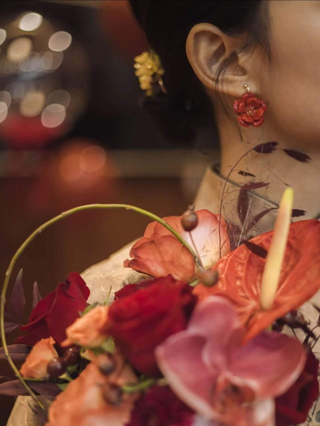 Cowhide Red Camellia Flower Earrings