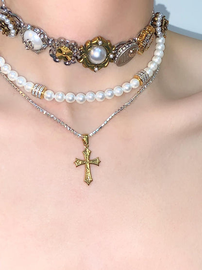 Cross Pendant Buttons Layered Choker Necklace