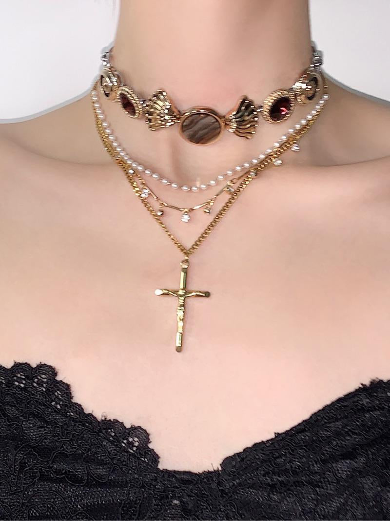 Cross Pendant Buttons Layered Choker Necklace