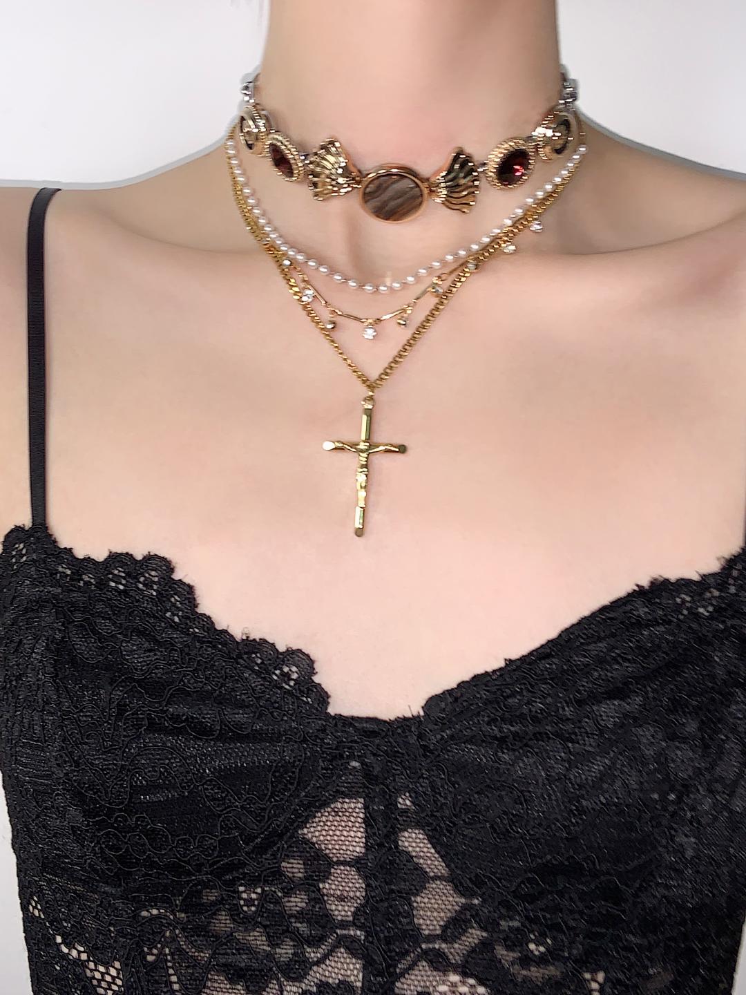 Cross Pendant Buttons Layered Choker Necklace