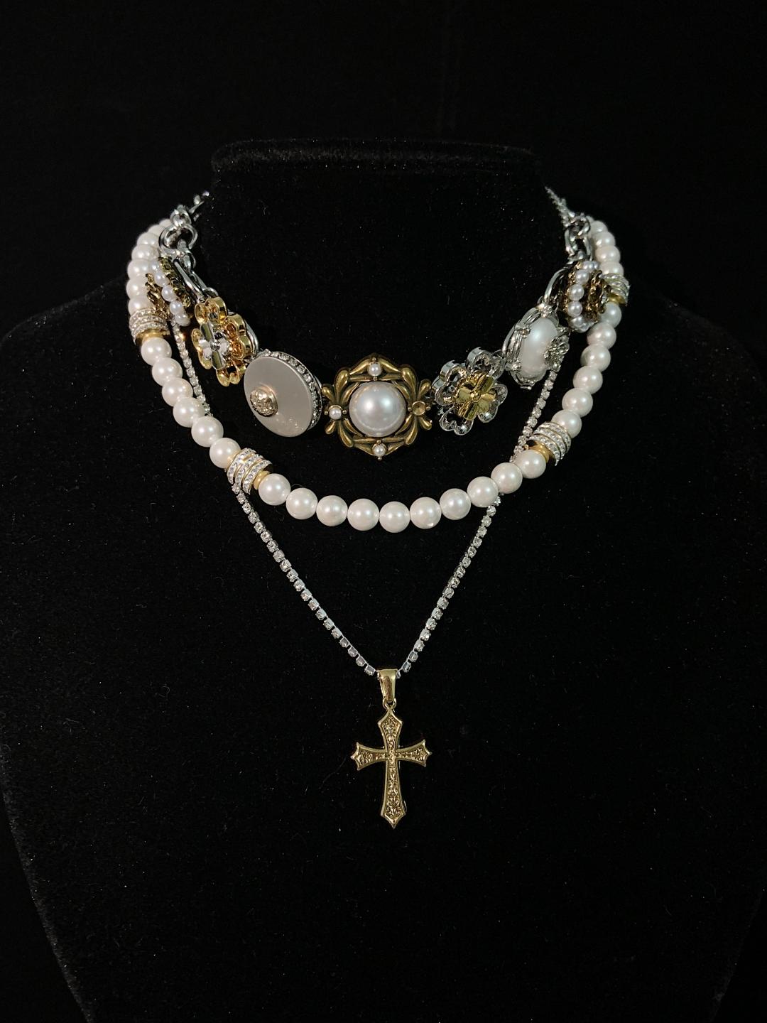 Cross Pendant Buttons Layered Choker Necklace