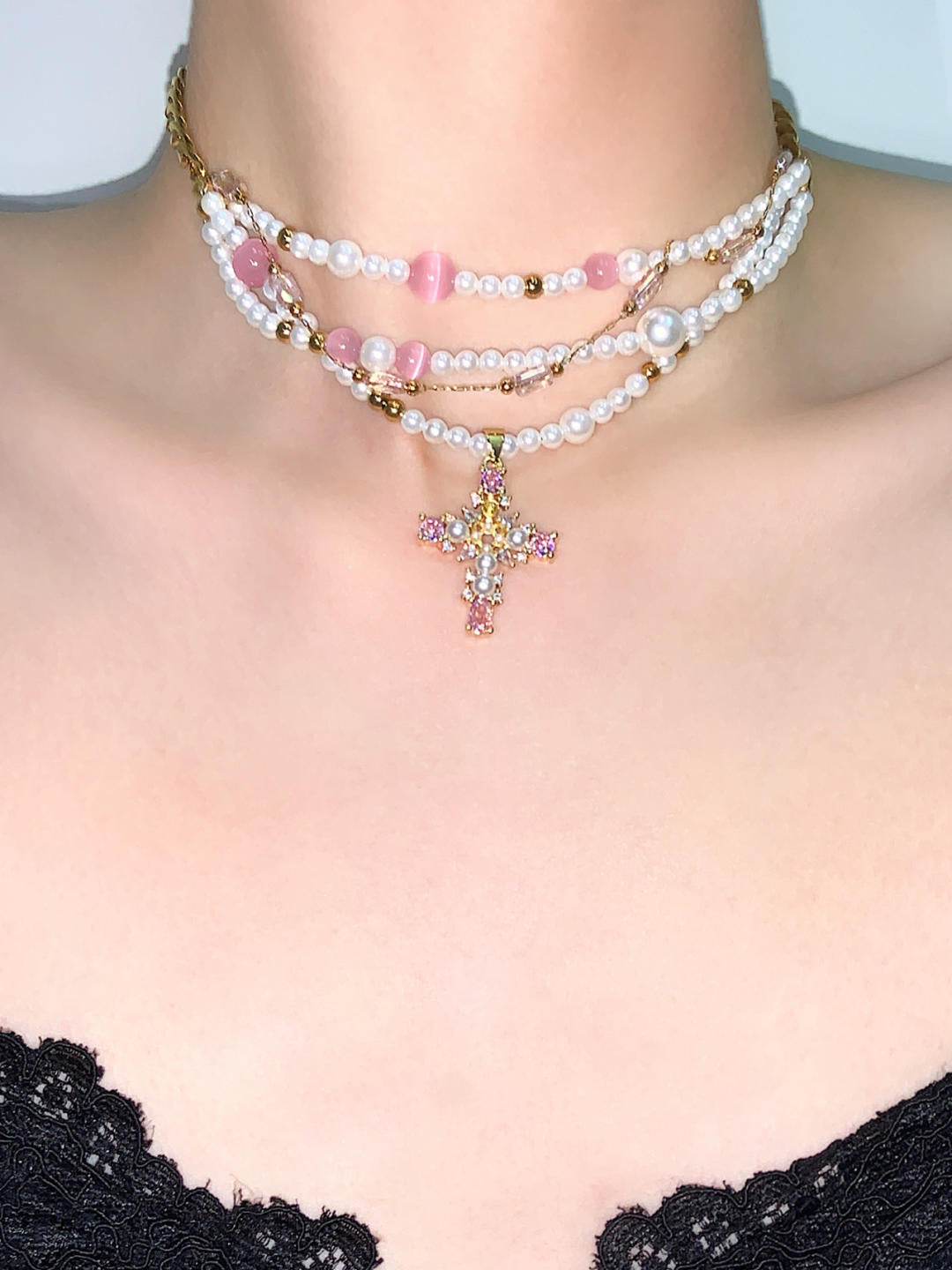 Cross Pendant Layered Choker Necklace