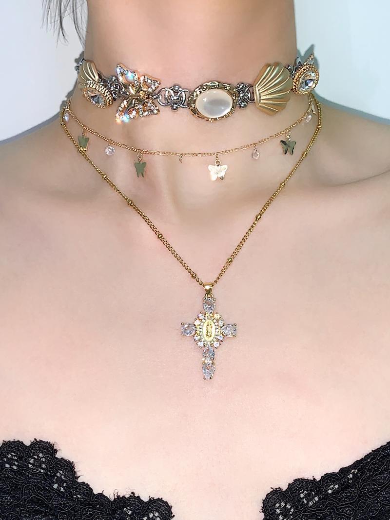 Cross Pendant Shell Layered Choker Necklace