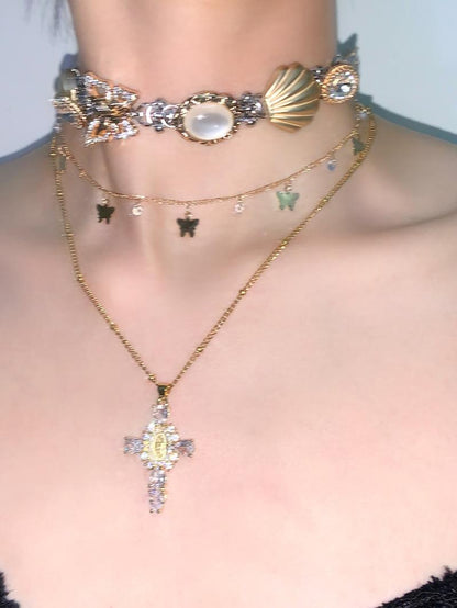 Cross Pendant Shell Layered Choker Necklace