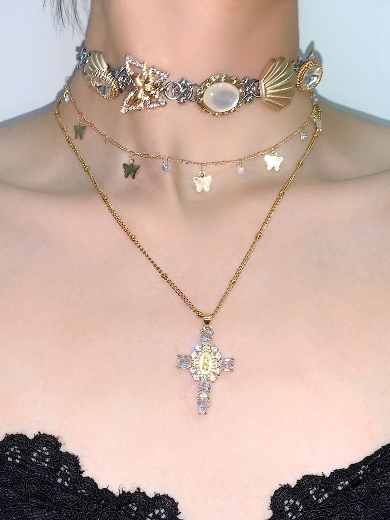 Cross Pendant Shell Layered Choker Necklace