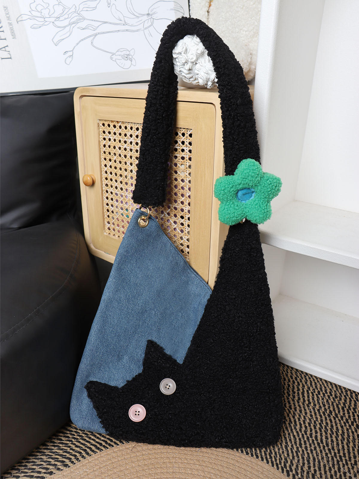 Denim Plush Cat Flower Shoulder Bag