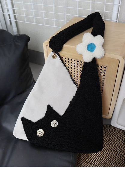 Denim Plush Cat Flower Shoulder Bag