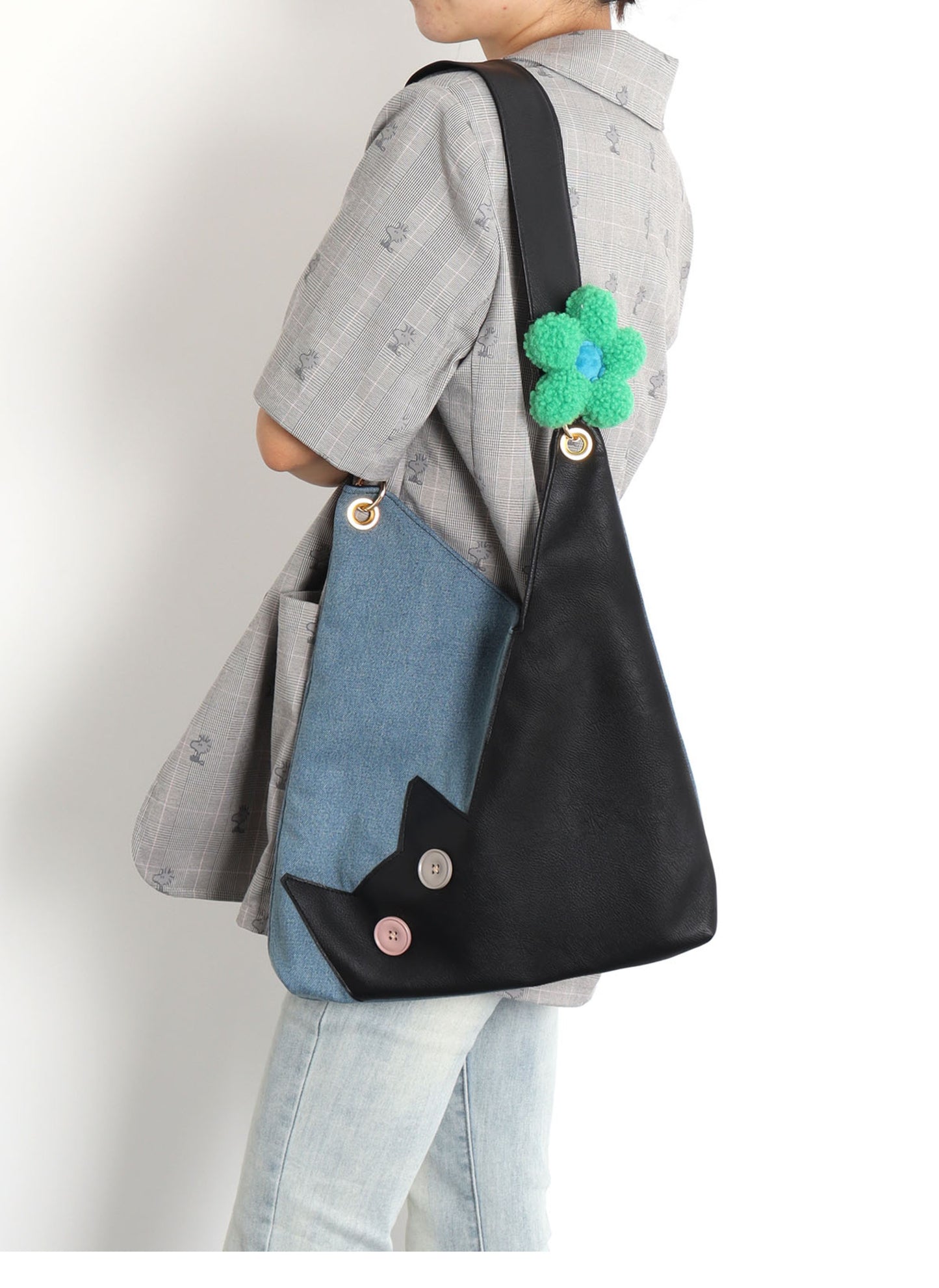 Denim Plush Cat Flower Shoulder Bag