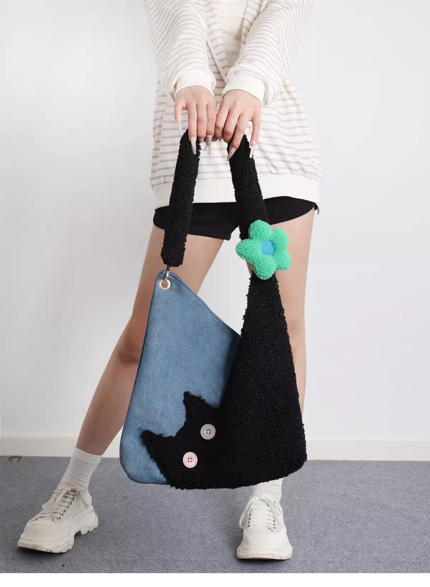 Denim Plush Cat Flower Shoulder Bag