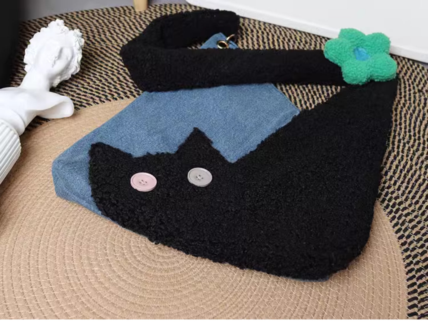 Denim Plush Cat Flower Shoulder Bag