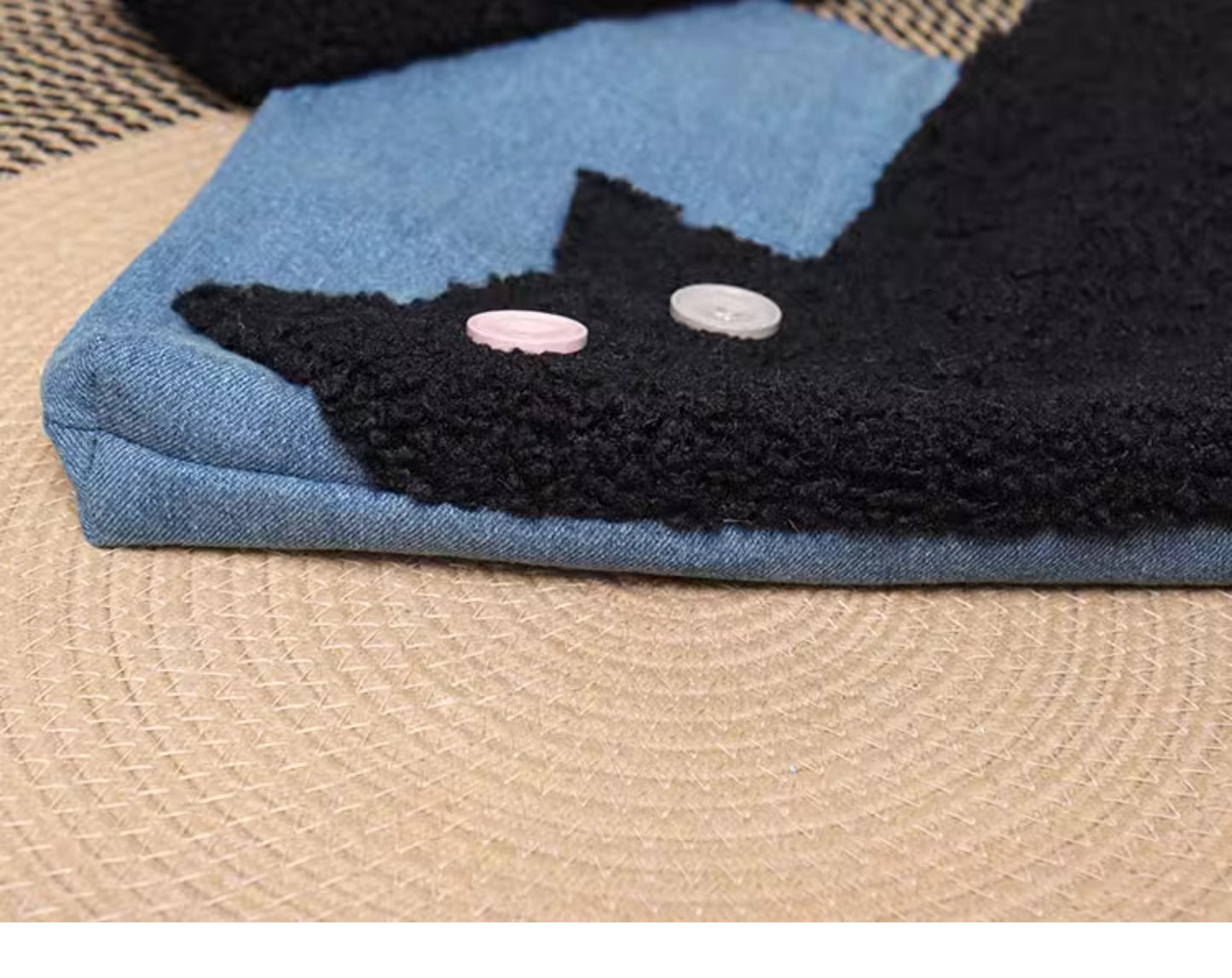 Denim Plush Cat Flower Shoulder Bag