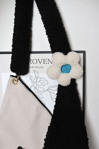 Denim Plush Cat Flower Shoulder Bag