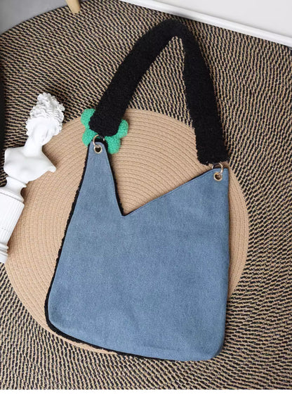 Denim Plush Cat Flower Shoulder Bag