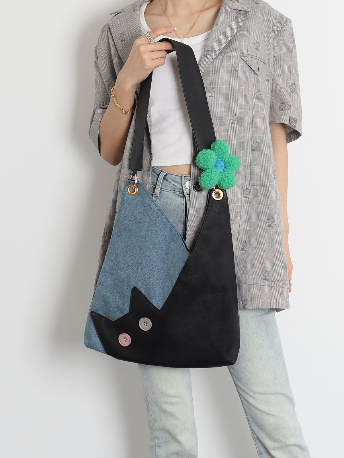 Denim Plush Cat Flower Shoulder Bag