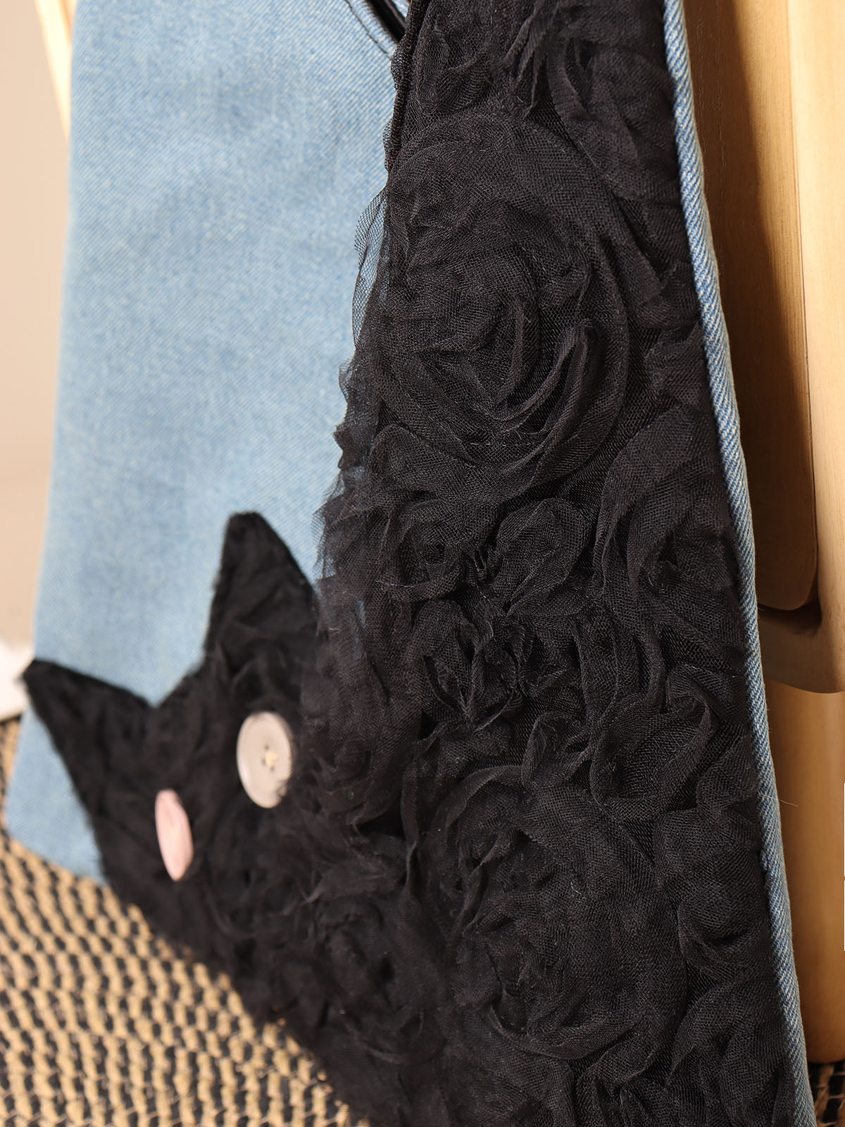 Denim Plush Cat Flower Shoulder Bag