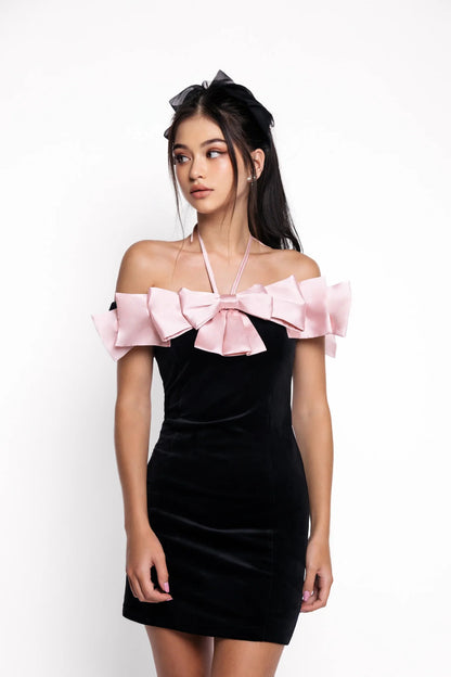 Evelyn Black-Pink Bow Bodycon Mini Dress