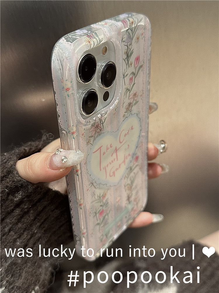 Floral Printed Phone Case With Lace Heart Stand